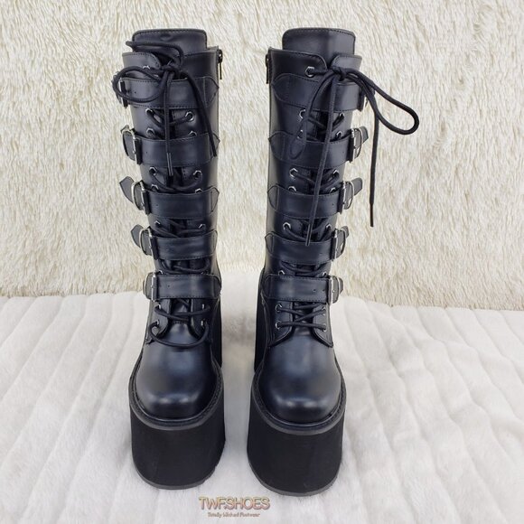 Swing 220 Multi Buckle Black Matte Leatherette Goth Mid-Calf Boot 5.5" Platforms - Picture 6 of 13